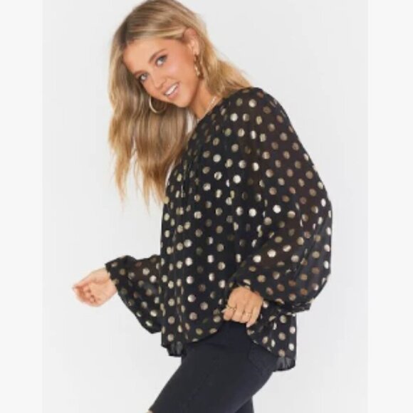 SHOW ME YOUR MUMU Long Sleeve Black Top Gold Polka Dot Bishop Sleeves Size M - Picture 1 of 16